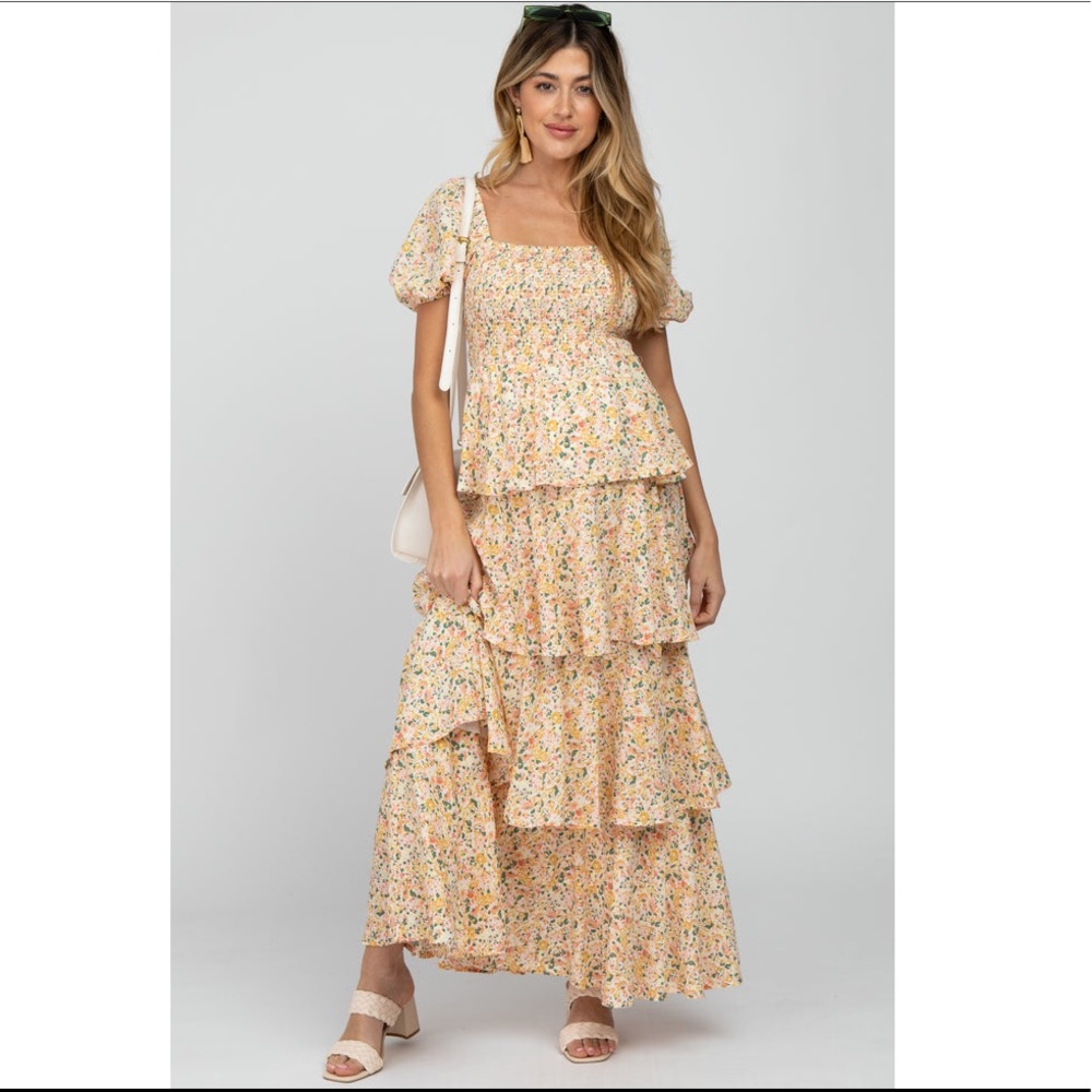 PINKBLUSH Yellow Floral Square Neck Ruffle Layered Maternity Maxi Dress - Size S